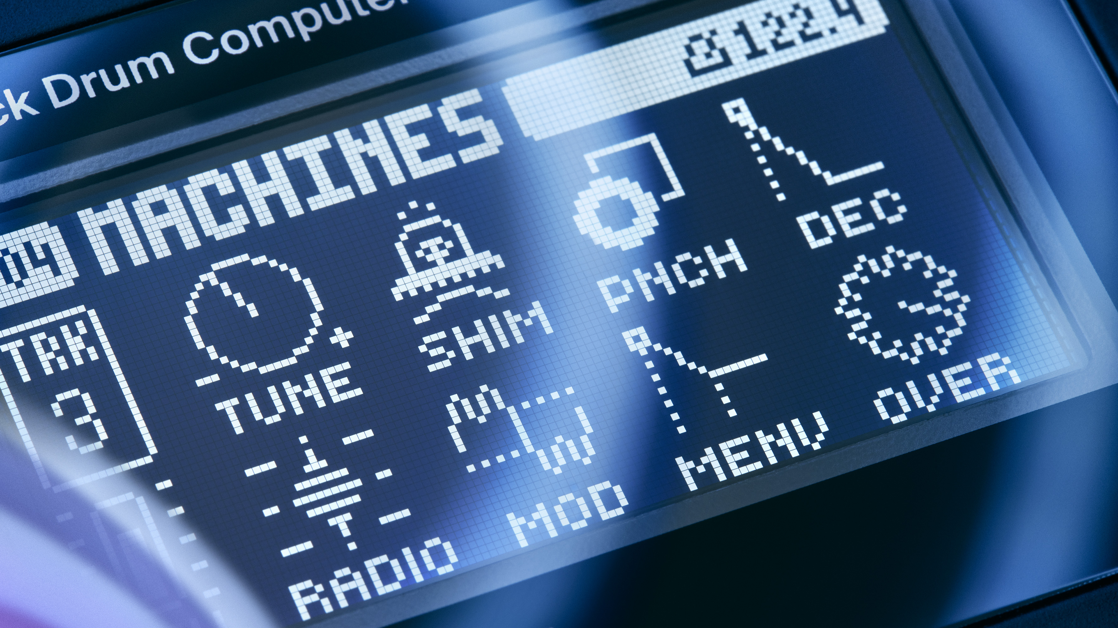 Image of Syntakt groovebox screen parameters showing an alien in a ship and radio wave-like lines for another parameter